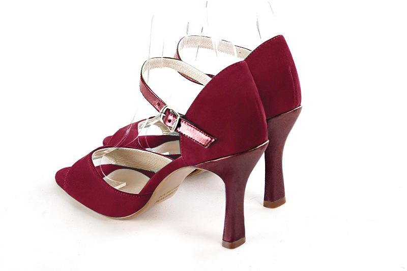 Burgundy red women's closed back sandals, with an instep strap. Round toe. High spool heels. Rear view - Florence KOOIJMAN